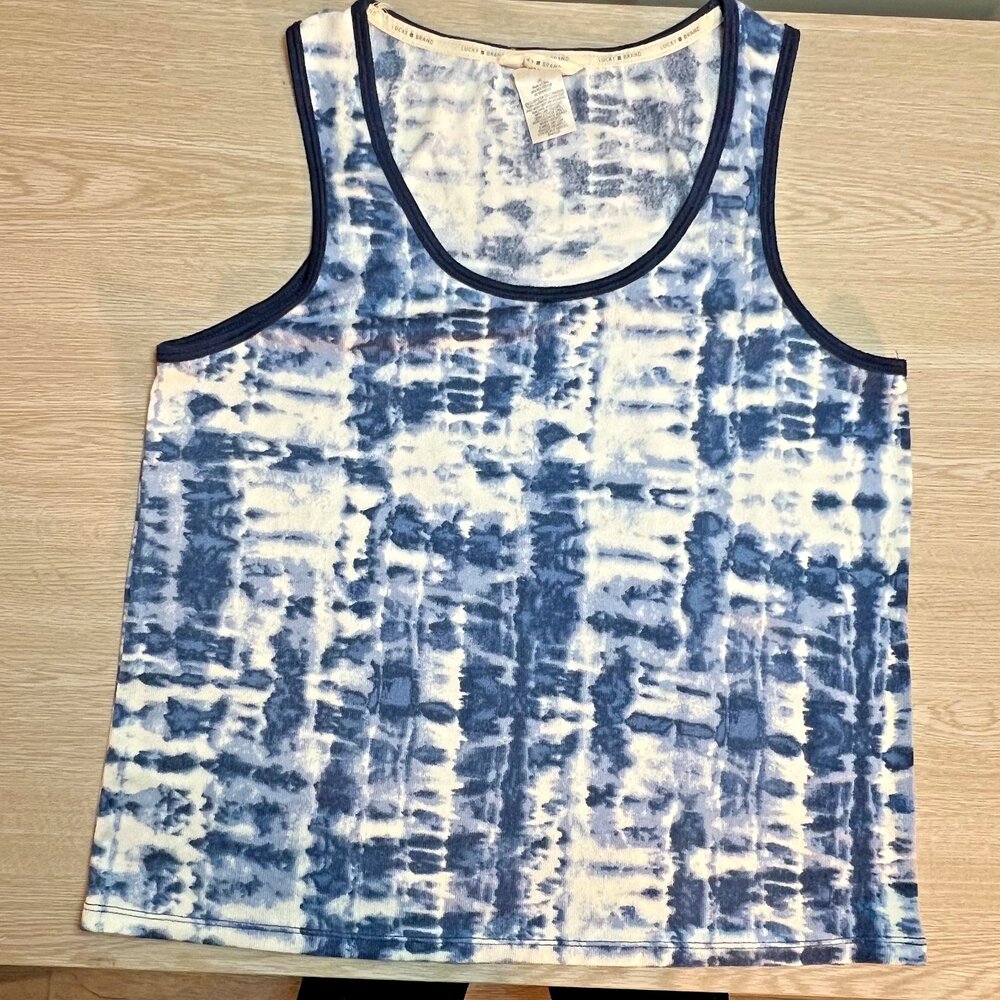 Lucky Brand Tank Top Womens L Blue and White Tie Dye Ringer Trim Neckline - Picture 7 of 11